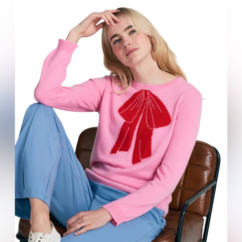 Jumper 1234 Pink Red Bow Cashmere Sweater Crewneck Soft Knit Valentine Pullover